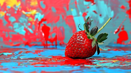 Wall Mural -  A red strawberry, focused, atop a blue-and-red backdrop Splatters of paint adorn the surrounding wall Red stem extending from above