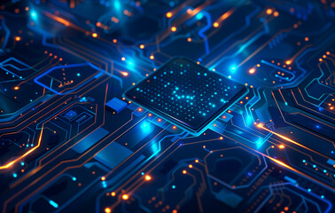 Wall Mural - Abstract blue circuit board background with a chip and light effect, a tech vector illustration in the style of computer technology concept
