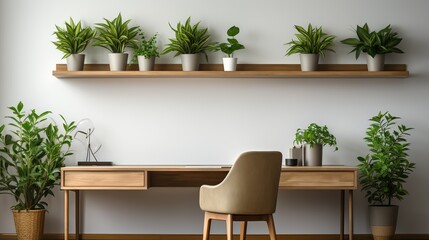 A minimalist office background with a plain white wall, a wooden desk, a small plant, and a motivational quote, creating a serene and focused work environment.