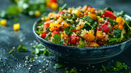 High Resolution Photo Realistic Image: Quinoa Salad with Vegetables on Glossy Backdrop, Emphasizing Nutritious Plant Based Meal   Adobe Stock Photo Concept
