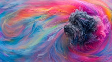 Poster -  A dog's face is surrounded by a multicolored swirl of hair against a pink, blue, green, yellow, and pink backdrop