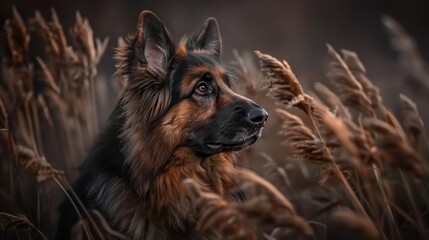 Wall Mural -  A tight shot of a dog in a sea of tall grass Its head is tilted to the right, gazing at the camera Background faintly blurred