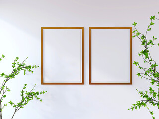 Two photo frame mockup with plant. Living room wall poster mockup. 3D render