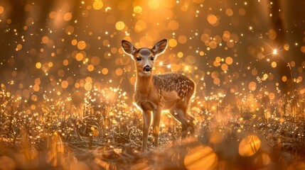 Wall Mural -  A deer stands in a grassy field with lights in the background The ground is illuminated by a beam of light, casting bright shadows on the foreground grass