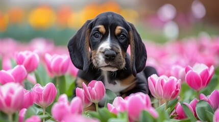 Wall Mural -  A black and brown dog sits in a pink tulip field, gazing sadly at the camera against a softly blurred backdrop of tulips