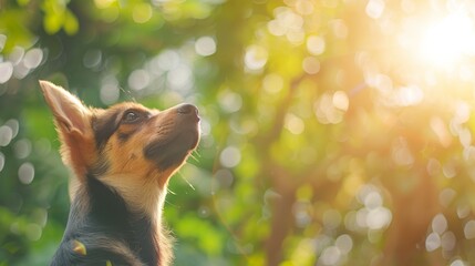 Wall Mural -  A small brown and black dog gazes at the sky, sun filtering through the foreground tree's leaves