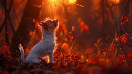 Wall Mural -  A small white dog sits atop a green field, surrounded by a forest ablaze with red and yellow leaves Sunlight filters through the trees, casting a brilliant glow