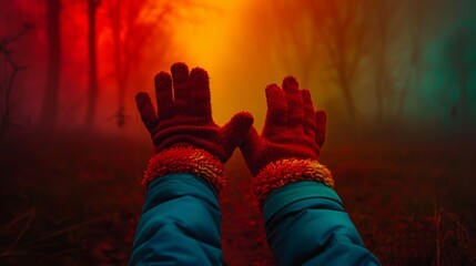 Wall Mural -  A person holds hands, one in a mitten and the other in a glove, in front of a red and green light amidst a foggy, wooded area The trees around