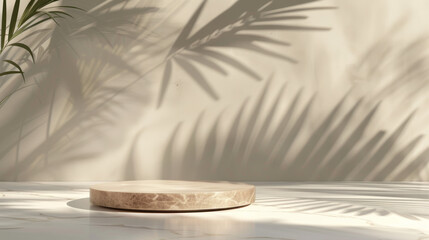 Wall Mural - A clean 3D render of a beige and brown podium on a white marble stage, with palm leaf shadows creating a serene atmosphere