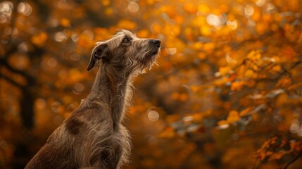 Wall Mural -  A dog gazes at a tree, head turned sideways, mouth agape, eyes wide; background of yellow leaves blurred