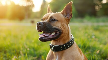 Wall Mural -  A tight shot of a dog reclining in a lush grass field, tongue out and mouth agape, as the sun casts golden rays in the background