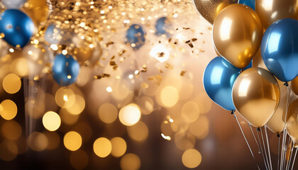 Wall Mural - Realistic Festive background with golden and blue balloons falling