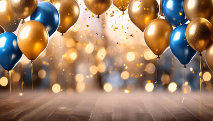 Wall Mural - Realistic Festive background with golden and blue balloons falling