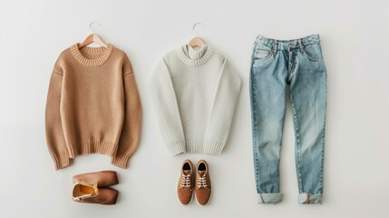 Wall Mural - Three outfits are displayed on a white background, including a sweater, jeans