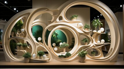 An abstract nature-inspired display featuring modern shapes and abstract lines, creating a visually dynamic setting to showcase products in a retail environment.