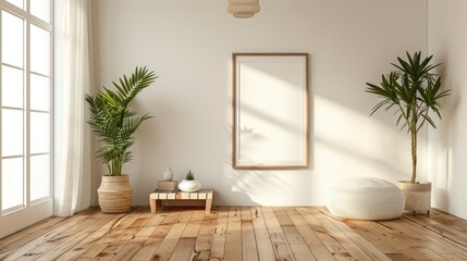 Wall Mural - Neutral white wall backdrop warm brown wooden floor interior decor elements including furniture picture frame and potted plant