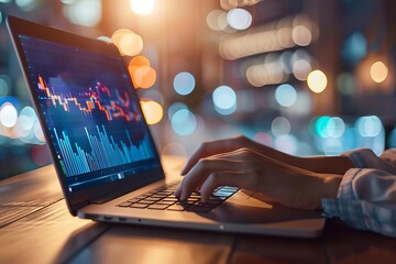 Person typing on laptop with financial charts on screen, indicating business analysis and data management in a modern setting.