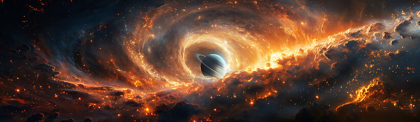 Wall Mural - fantastic panorama with a black hole, a supernova, and a wormhole with planets in galaxy in space