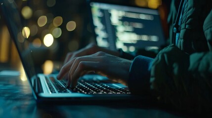 Wall Mural - Close-up of hands typing on a laptop with code on the screen, indicating a programming or cybersecurity environment at night.