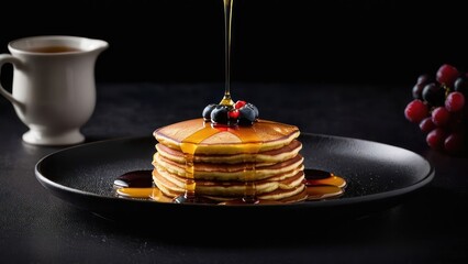 Wall Mural - Stack of three pancakes with maple syrup and blueberries on a black plate, served alongside a cup of tea and grapes.