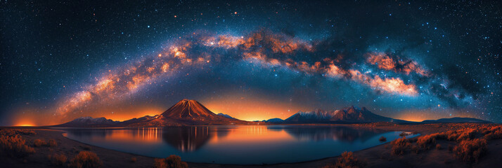 Wall Mural - panoramic landscape with Milky way in starry night sky above peak of mountain volcano and ocean waters