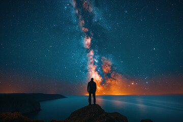 Wall Mural - male standing on mountain on background of a starry night sky with milky way and ocean