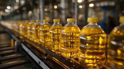 The plant produces bottled vegetable oil on a conveyor belt