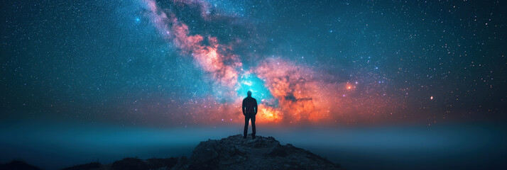Wall Mural - silhouette of people standing on top of a mountain on background of a starry night sky with a bright Milky way and stars. Landscape panorama