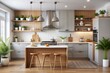 © Bounpaseuth - middle-size low-cost modern kitchen  in the interior, Unsplashed photos style. Photoreal detailed