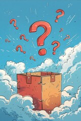 Wall Mural - A box with a bunch of questions on it. The image has a playful and curious mood, as if someone is trying to figure out the answers to the questions