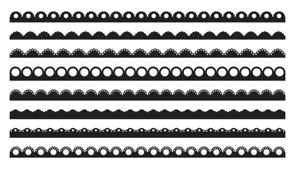 Wall Mural - Scalloped edge border frilly stroke divider black silhouette stripe, tape collection isolated on white background. Traditional simple ornament with circles, embroidery ribbon.