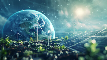 Wall Mural - A digital rendering of Earth with green energy symbols like wind turbines and solar panels, green Planet, dynamic and dramatic compositions, with copy space
