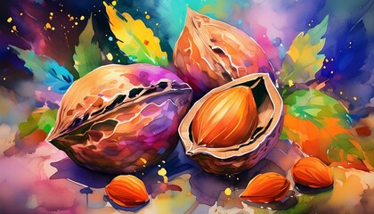 Wall Mural - Detailed watercolor painting of a whole and half nut. Perfect for food illustrations