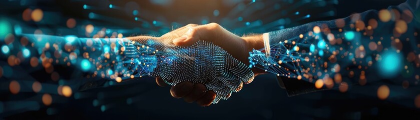 Digital handshake symbolizing business agreement, technological partnership, or collaboration in the modern digital world.