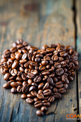 Poster - Bunch of coffee beans scattered on wooden table.