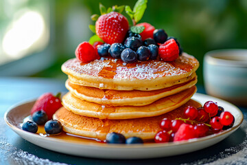 Canvas Print - Stack of pancakes is topped with fresh berries and dusting of powdered sugar.