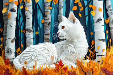 Sticker - Cat made out of paper or cardboard is sitting in forest scene with leaves and trees surrounding it.