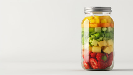 Wall Mural - Glass jar filled with layers of diced colorful fruits including strawberries, pineapples, kiwis, and mangoes against a white background.