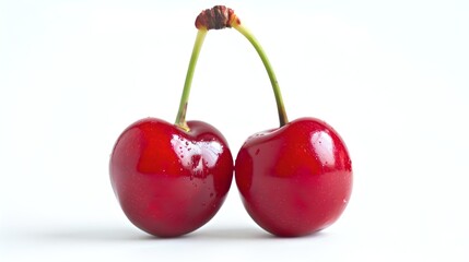 Wall Mural - Two fresh ripe cherries on white background. Perfect for food blogs and healthy eating concepts. High-resolution image with bright colors. AI