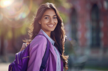 Wall Mural - young Indian woman smiling and holding a backpack outside a college