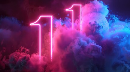 Wall Mural - 3d render, neon linear number one and colorful cloud glowing with pink blue neon light, abstract fantasy background 