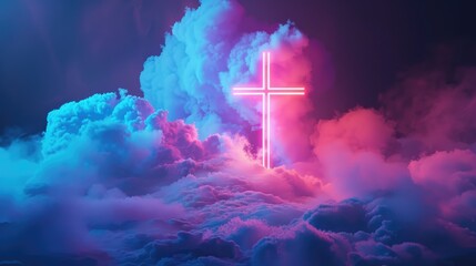 Wall Mural - 3d render, mystical cloud and cross sign glowing with pink blue neon light, abstract background 