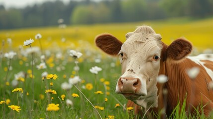 Wall Mural - cow resting on meadow in rural area during the spring season