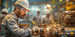 © Niks Ads - Indian male factory worker in safety glasses and a white hard hat is operating an industrial machine