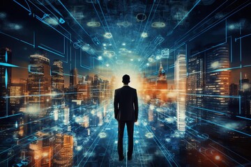 Silhouette of a person in a futuristic cityscape with digital interfaces, illustrating technology and the future of business.
