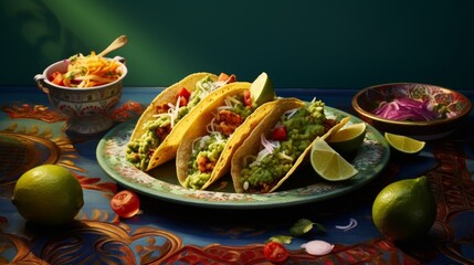 Wall Mural - Mexican tacos with guacamole and vegetables on blue plate on embroidered tablecloth
