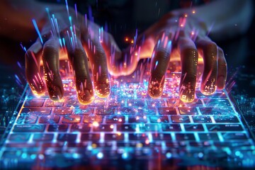 Futuristic glowing keyboard with hands typing, displaying colorful lights and digital effects. Depicting the concept of technology and innovation.