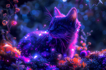 Wall Mural - cute cat in the garden vector neon 3d rendering