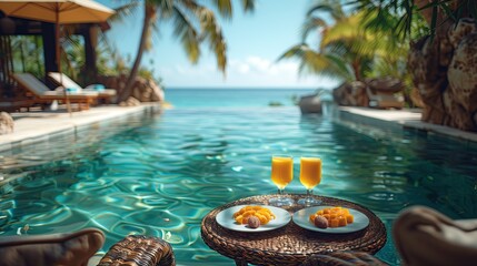 Breakfast in the pool, floating breakfast in a luxury tropical hotel Relaxation table on the quiet pool healthy breakfast and fruit by the hotel pool, tropical, couple, beach, luxury, lifestyle