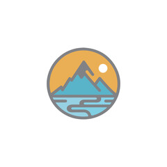 Wall Mural - mountain logo landscape with rocks at sunrise, Sea and Sun for Hipster Adventure Traveling logo